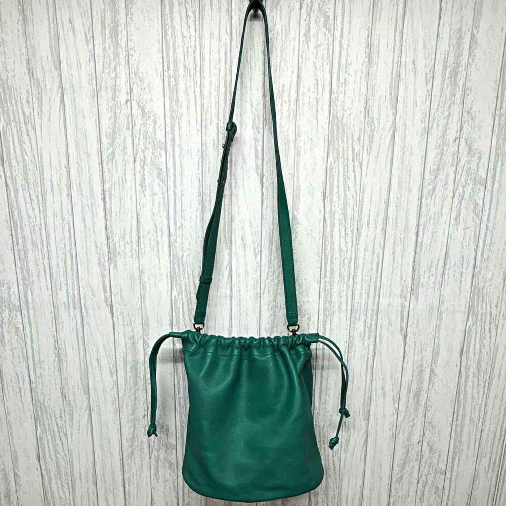 Womens Madewell Green Leather Drawstring Bucket Medium Crossbody Bag